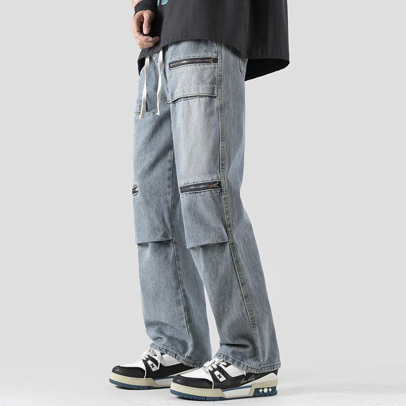 Washed cargo denim pants streetwear style relaxed fit with four zip cargo pockets vintage look