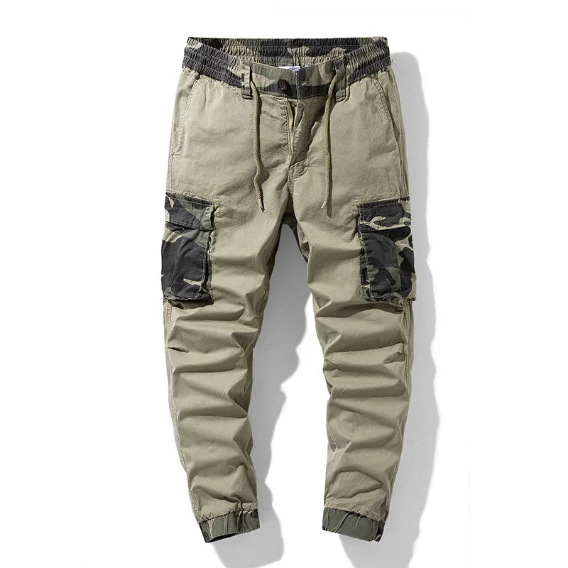 Camo utility joggers with snap flap cargo pockets, tactical slim fit for rugged outdoor comfort