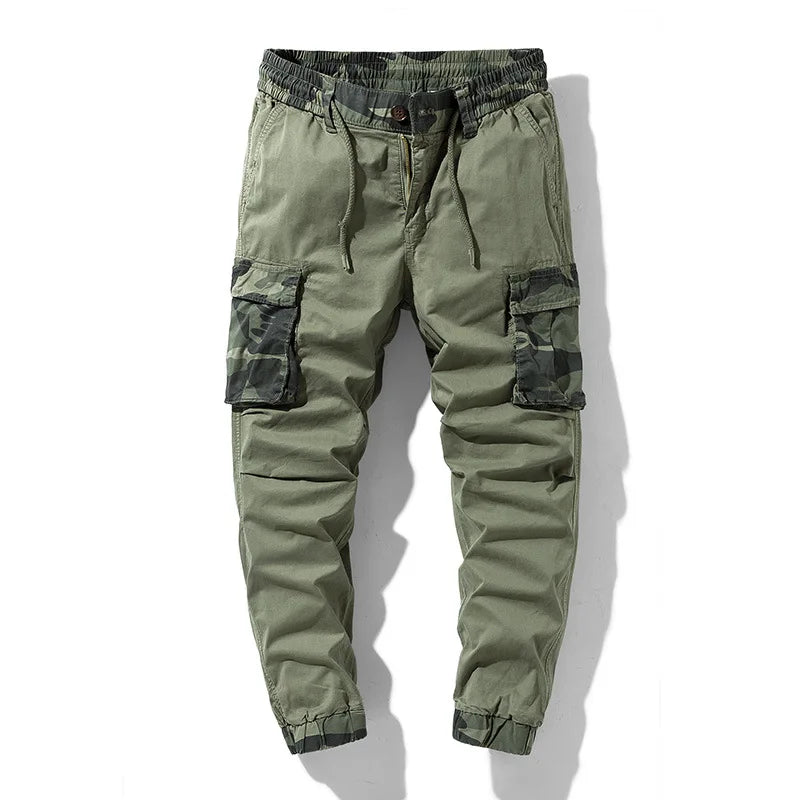 Camo utility joggers with snap flap cargo pockets, tactical slim fit for rugged outdoor comfort