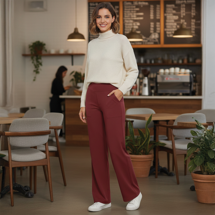 Julie wide-leg high-rise trousers in neutral tone, sleek front panel for professional women