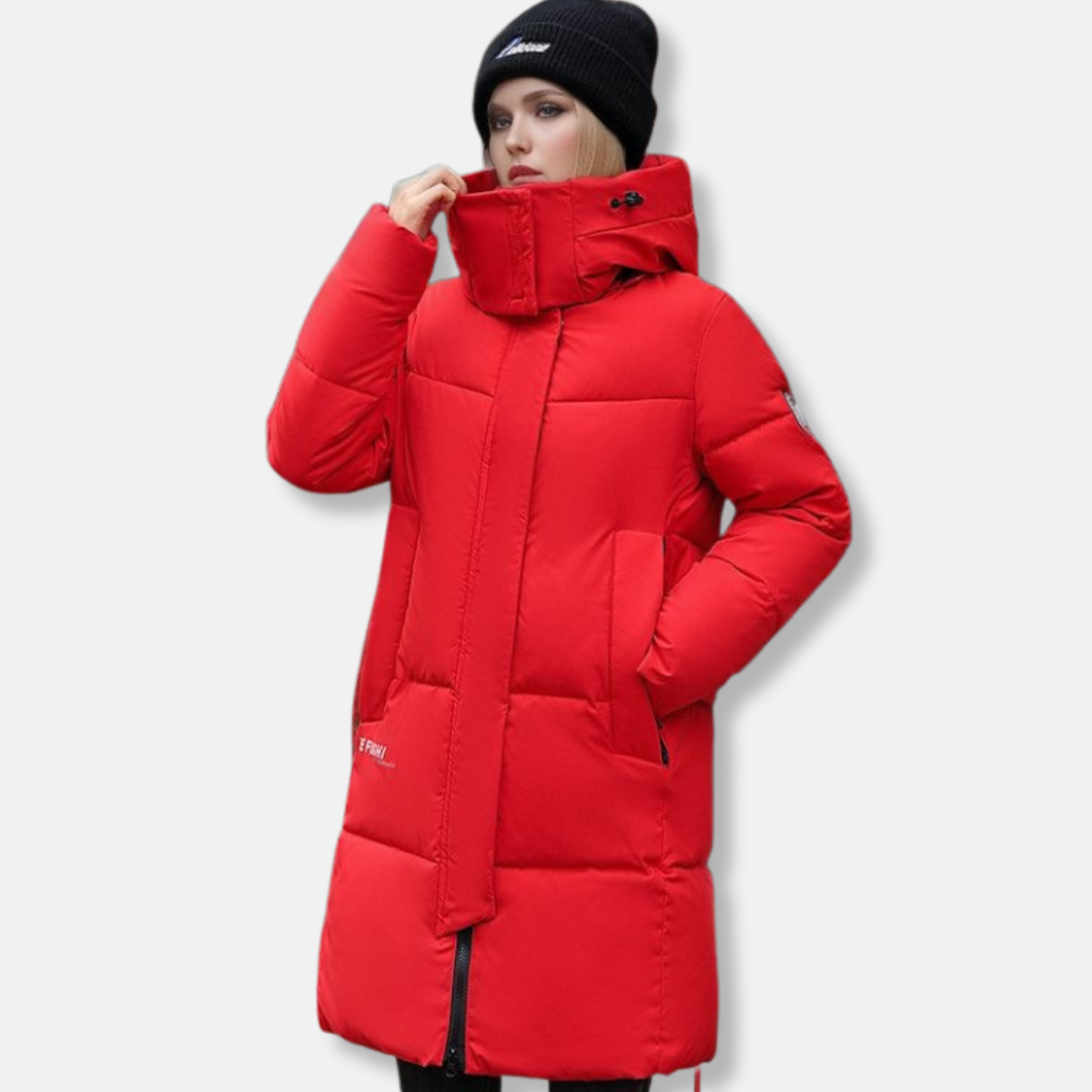 Women's hooded puffer coat mid-thigh length high collar integrated hood cozy winter warmth
