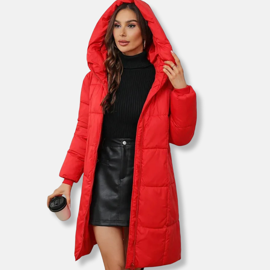 Women's quilted puffer coat hooded above-knee length insulated winter jacket cozy silhouette