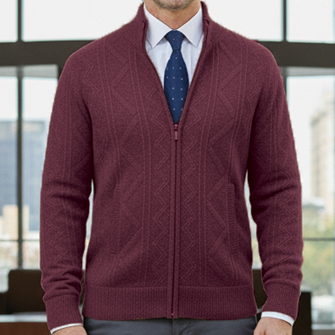 Navy blue tailored zip-up business cardigan with breathable fabric for sharp office layering