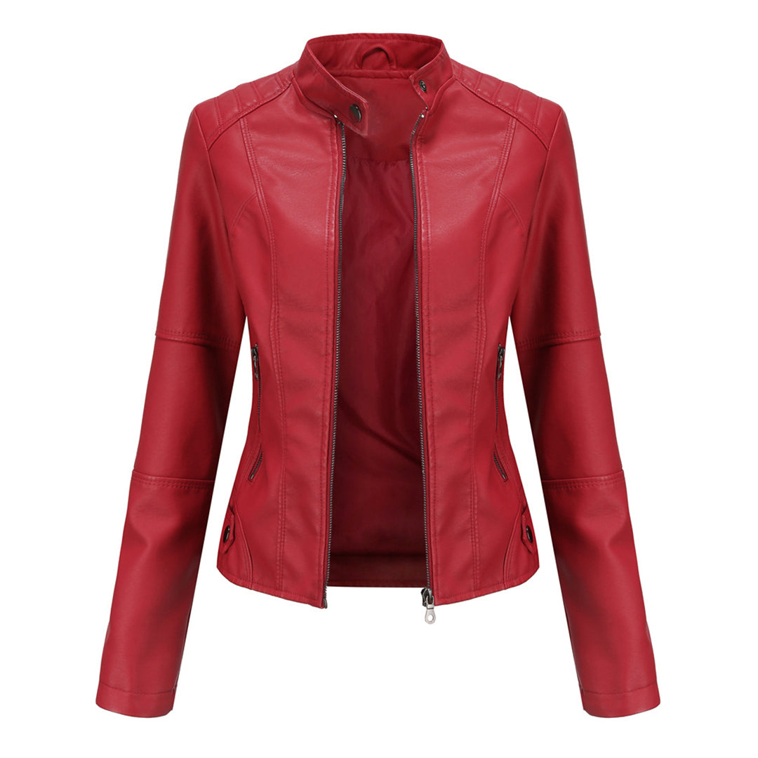 Women's black biker jacket stand collar tailored fit front zip closure edgy structured silhouette