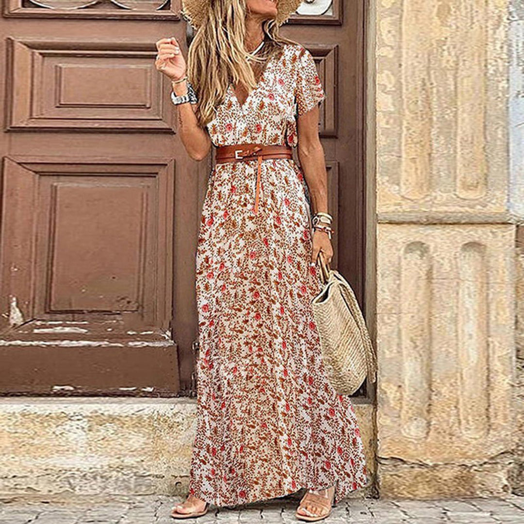 Boho paisley maxi dress women V-neck short sleeves lightweight viscose effortless flow multicolor print