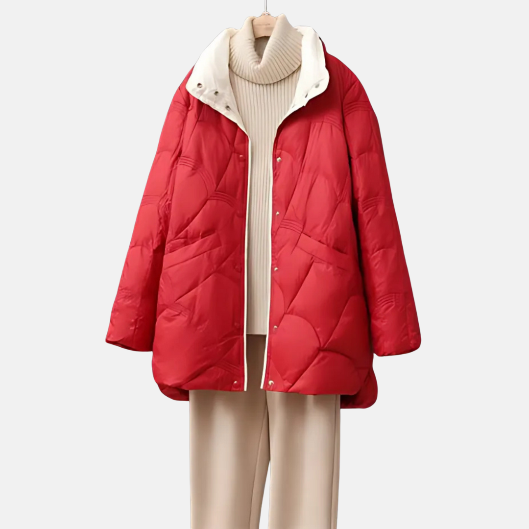 Women's mid-length quilted jacket with stand collar, relaxed silhouette, lightweight synthetic fabric