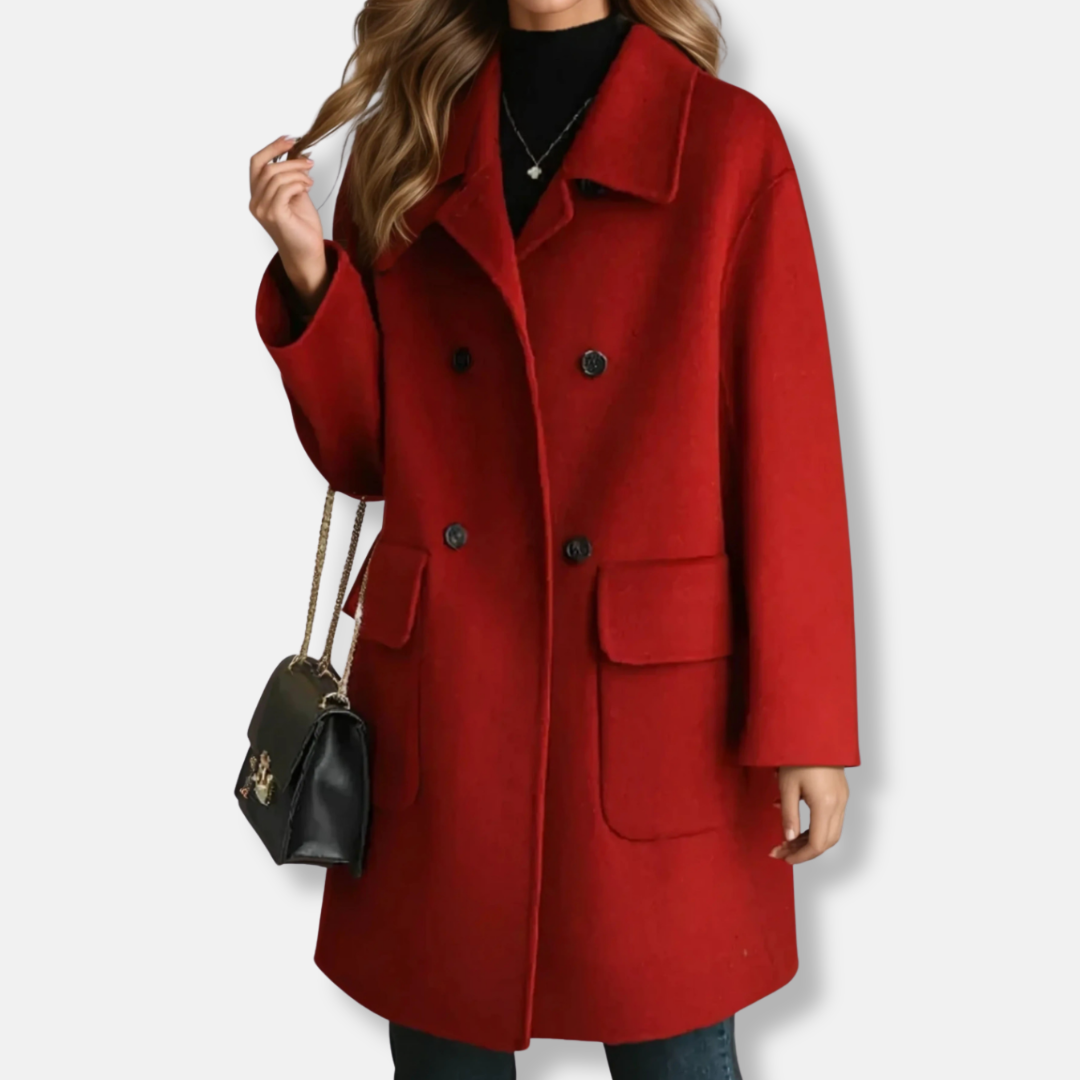 Women's wool blend coat mid-thigh length double-breasted notched lapels elegant professional style