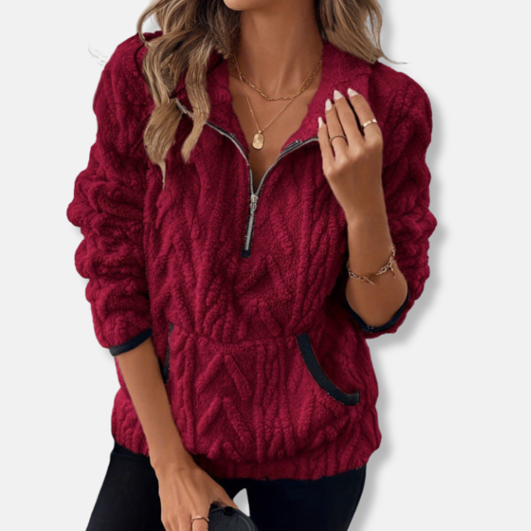 Women's fleece pullover sweatshirt relaxed fit stand collar half-zip kangaroo pocket cozy layer