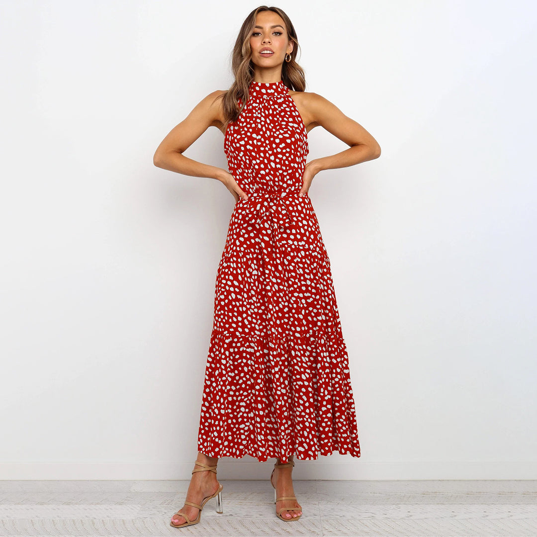 Women's lightweight halterneck A-line dress with waistband, sleeveless breezy silhouette, vacation-ready