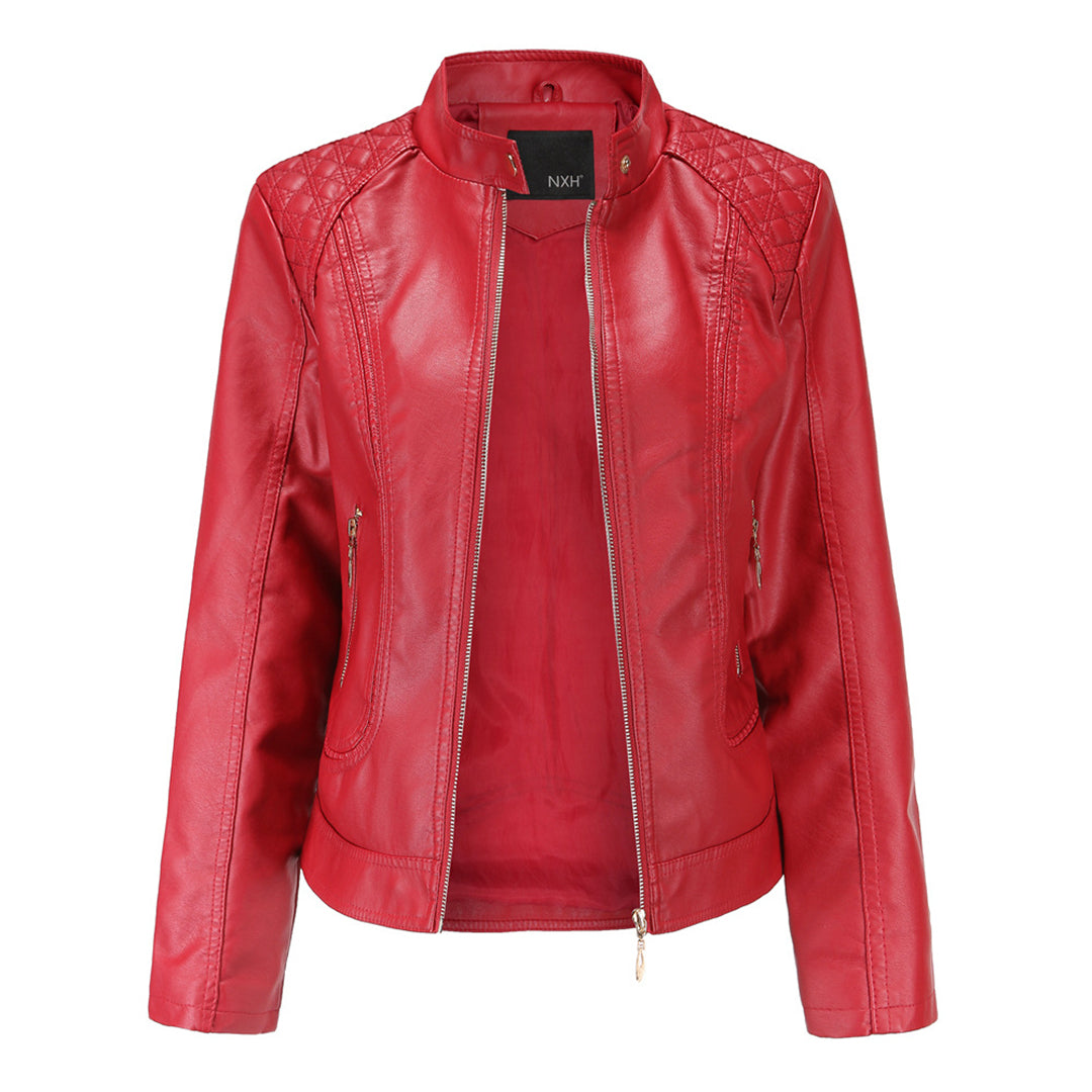 Women's black leather jacket stand-up collar sleek modern cut bold sophisticated silhouette