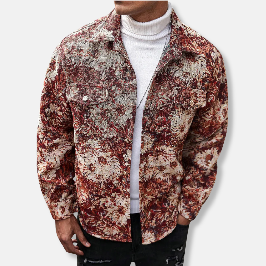 Men's floral jacquard relaxed-fit jacket with woven texture, artisanal pattern for everyday versatility