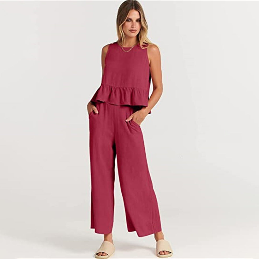 Women's vibrant two-piece set cropped top wide-leg pants bold summer colors breezy polyester fabric