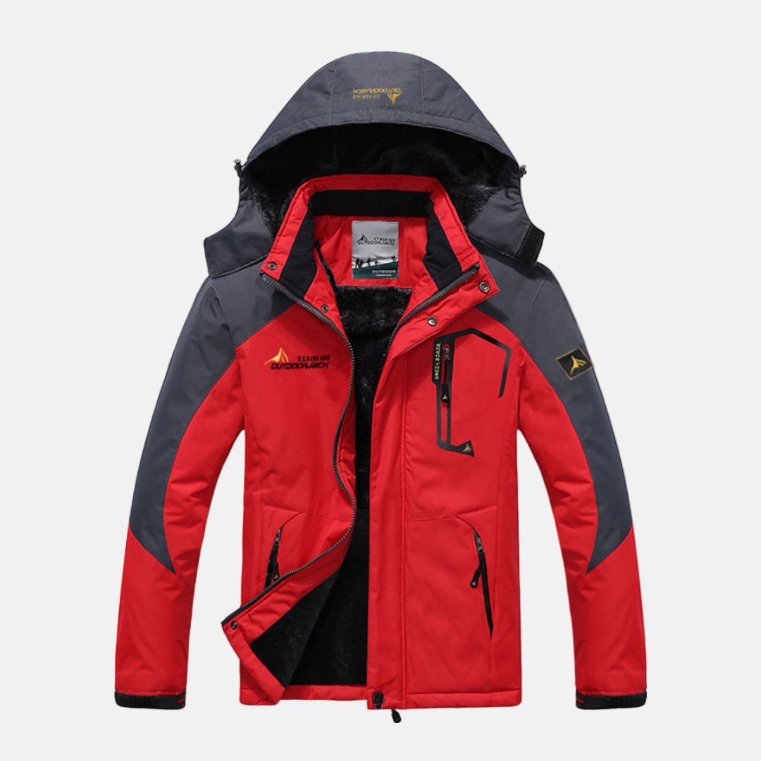 Men's hooded woven shell jacket with plush fleece lining, stand-up collar, winter outdoor style