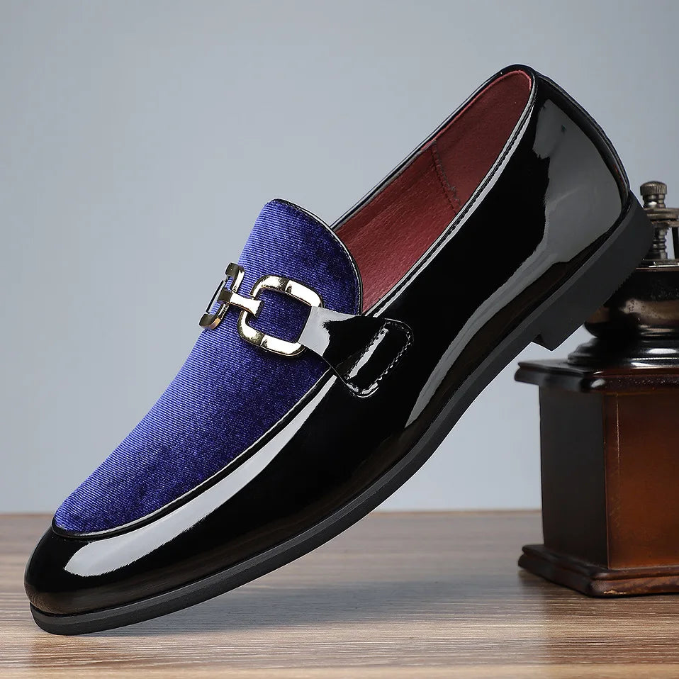 Men's patent leather loafers black high-shine velvet red vamp formal dress shoes bold refined silhouette