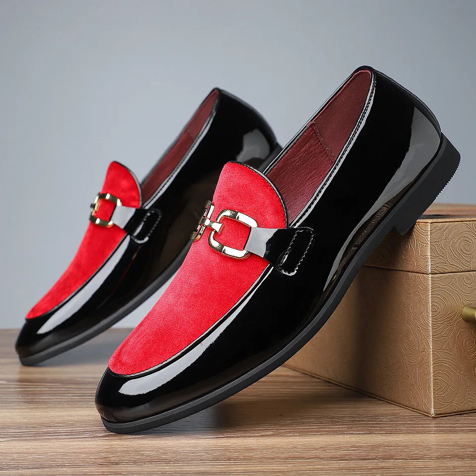 Men's patent leather loafers black high-shine velvet red vamp accent refined formal dress shoes