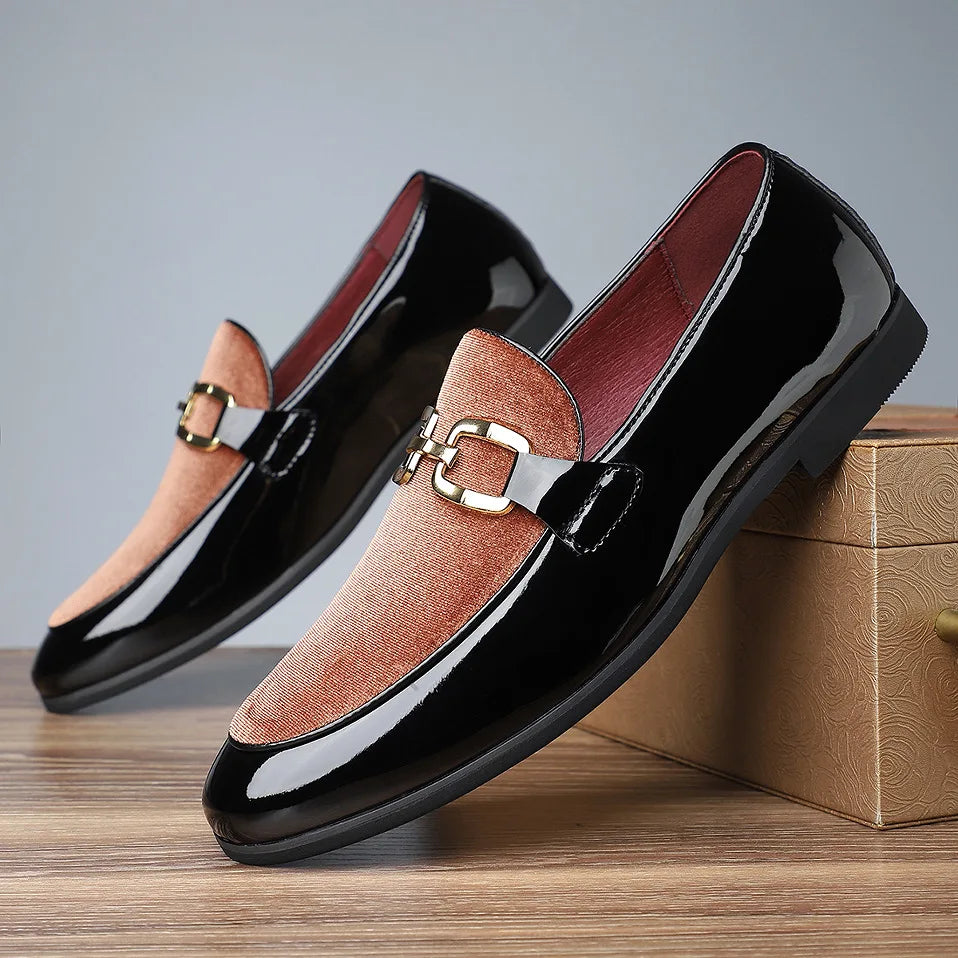 Men's patent leather loafers black high-shine velvet red vamp formal dress shoes bold refined fit