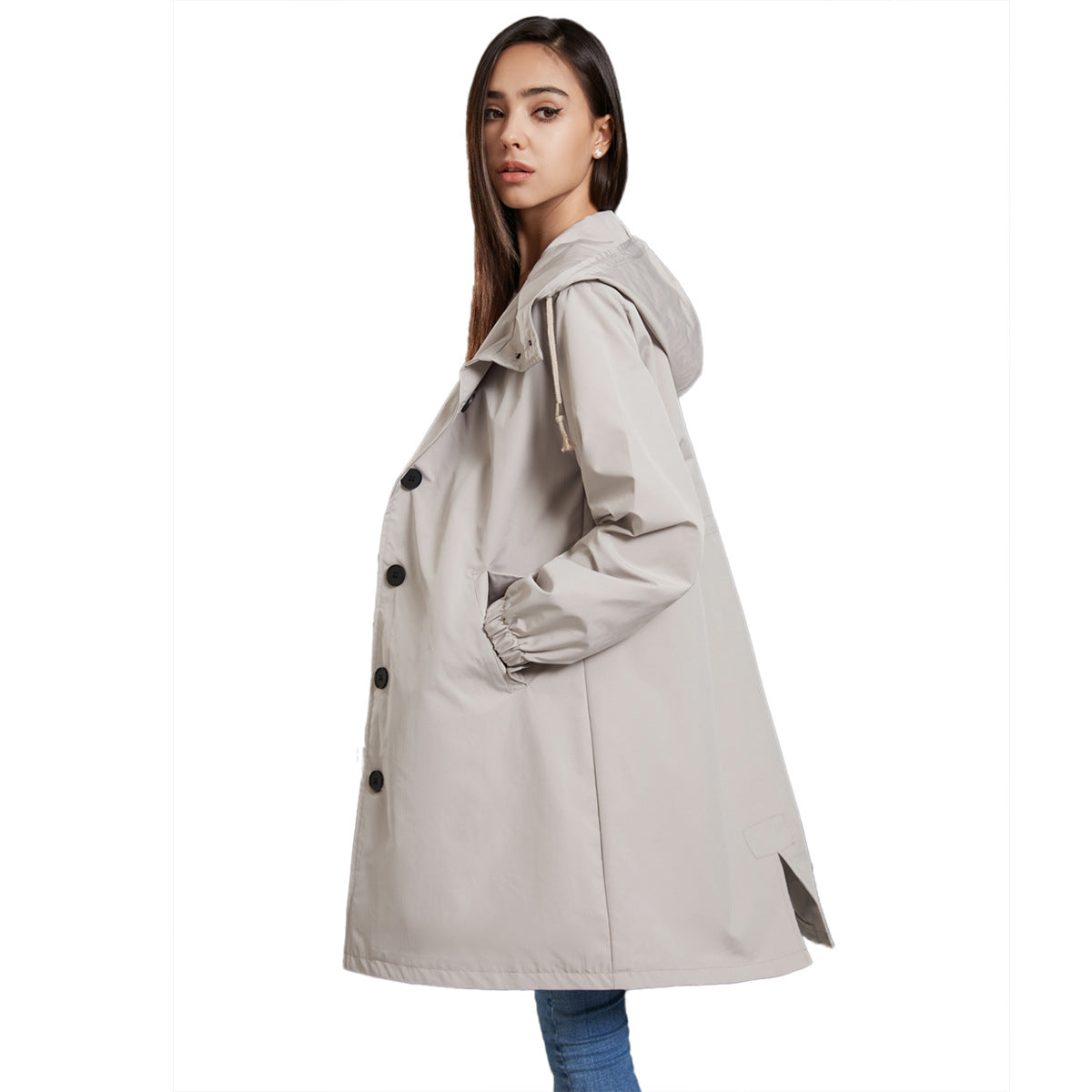 Women's waterproof rain jacket drawstring hood button-front all-season durable weatherproof coat