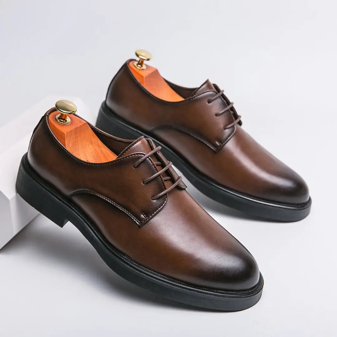 Men's brown classic leather derby shoes with foam-infused insoles for premium everyday comfort