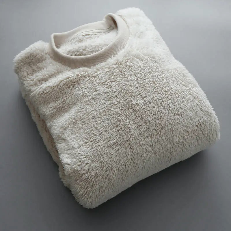 Relaxed-fit textured high-pile fleece pullover in neutral tones with ultra-soft fluffy surface