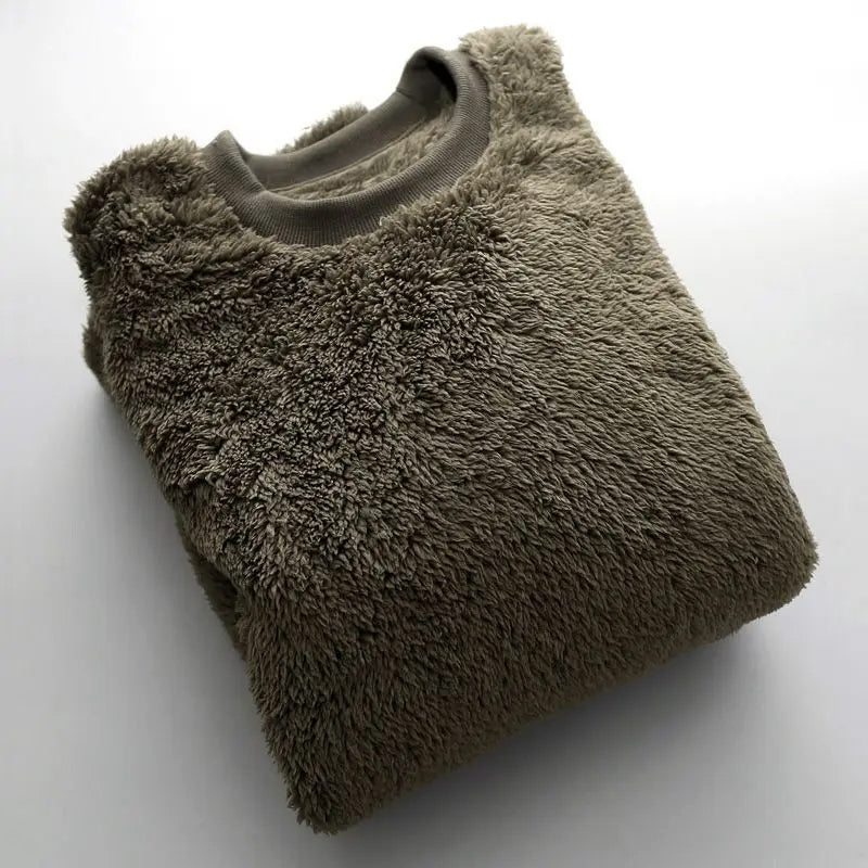Relaxed fit premium textured fleece pullover in neutral tones with ultra-soft high-pile fluffy surface