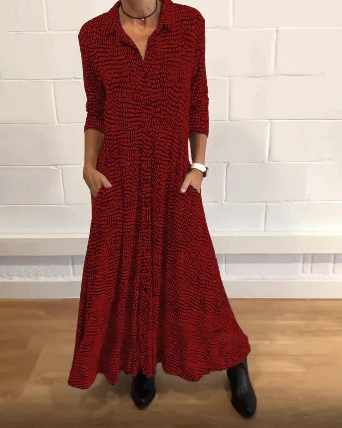 Patterned v-neck relaxed maxi dress with deep side pockets, flowy draped silhouette for women