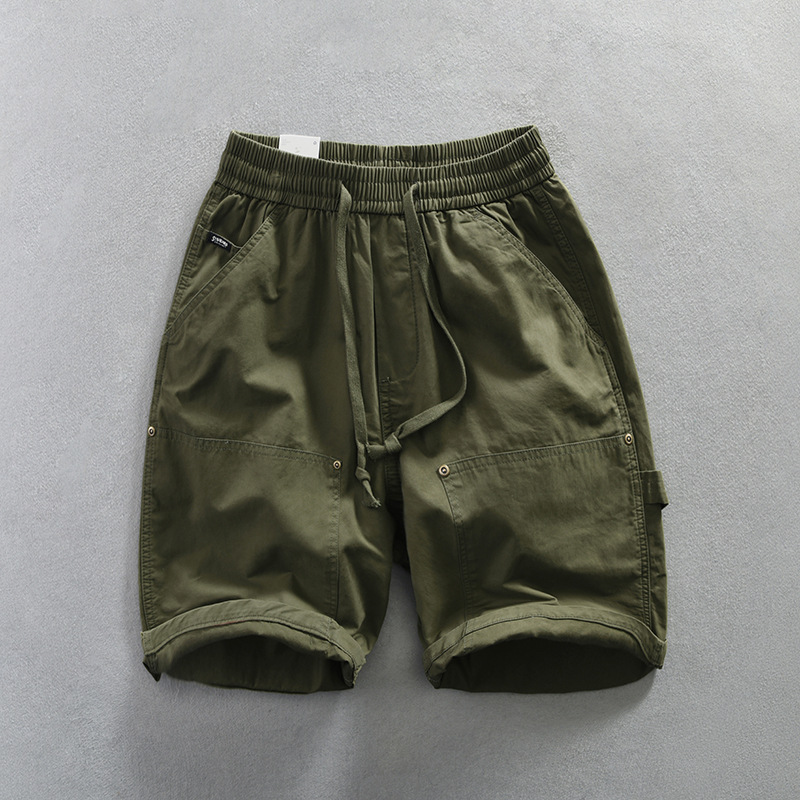 Men's khaki cotton twill utility shorts relaxed fit with dual pockets and elastic drawstring waist