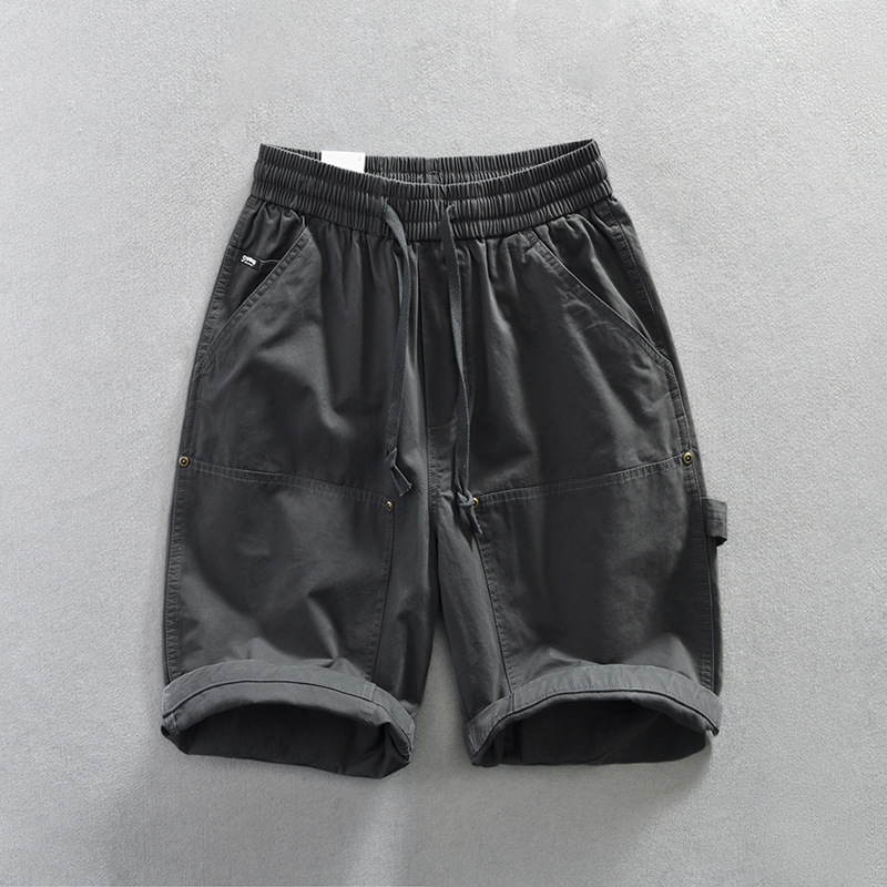 Men's khaki utility twill shorts relaxed fit with dual pockets and elastic drawstring waist