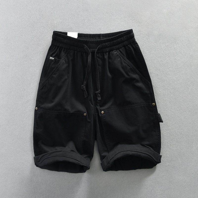 Men's beige utility twill shorts relaxed fit with dual pockets and elastic drawstring waist