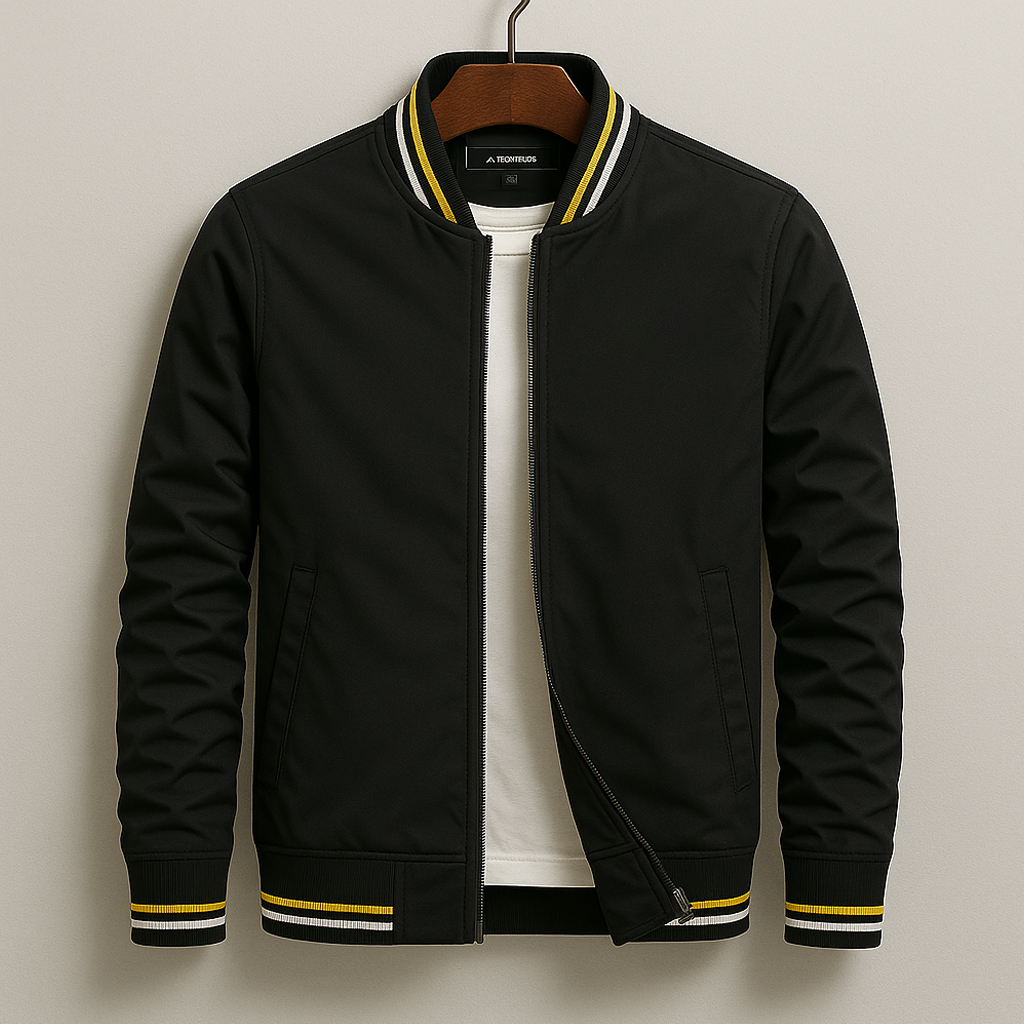 Men's olive military field jacket lightweight water-resistant cotton blend with ribbed varsity stripe cuffs