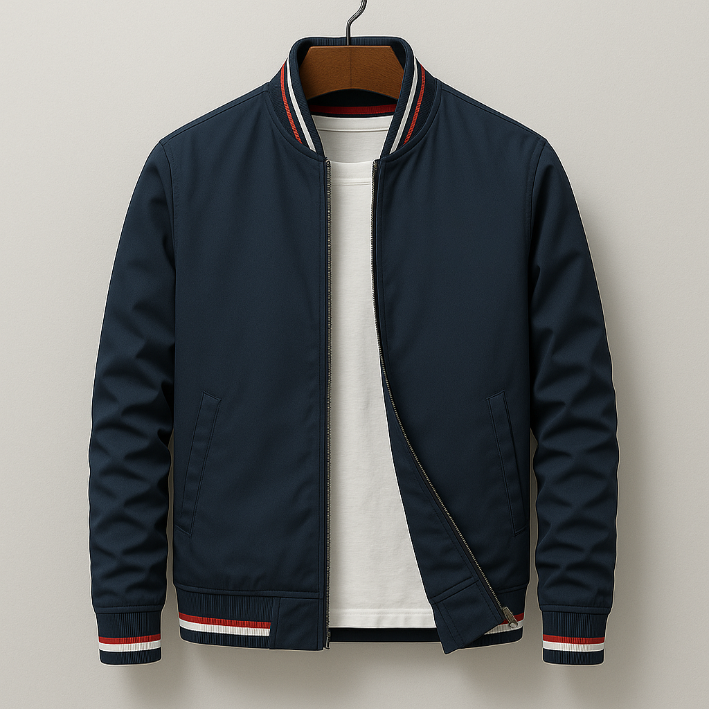 Men's olive military field jacket lightweight water-resistant cotton blend with ribbed cuffs varsity stripe