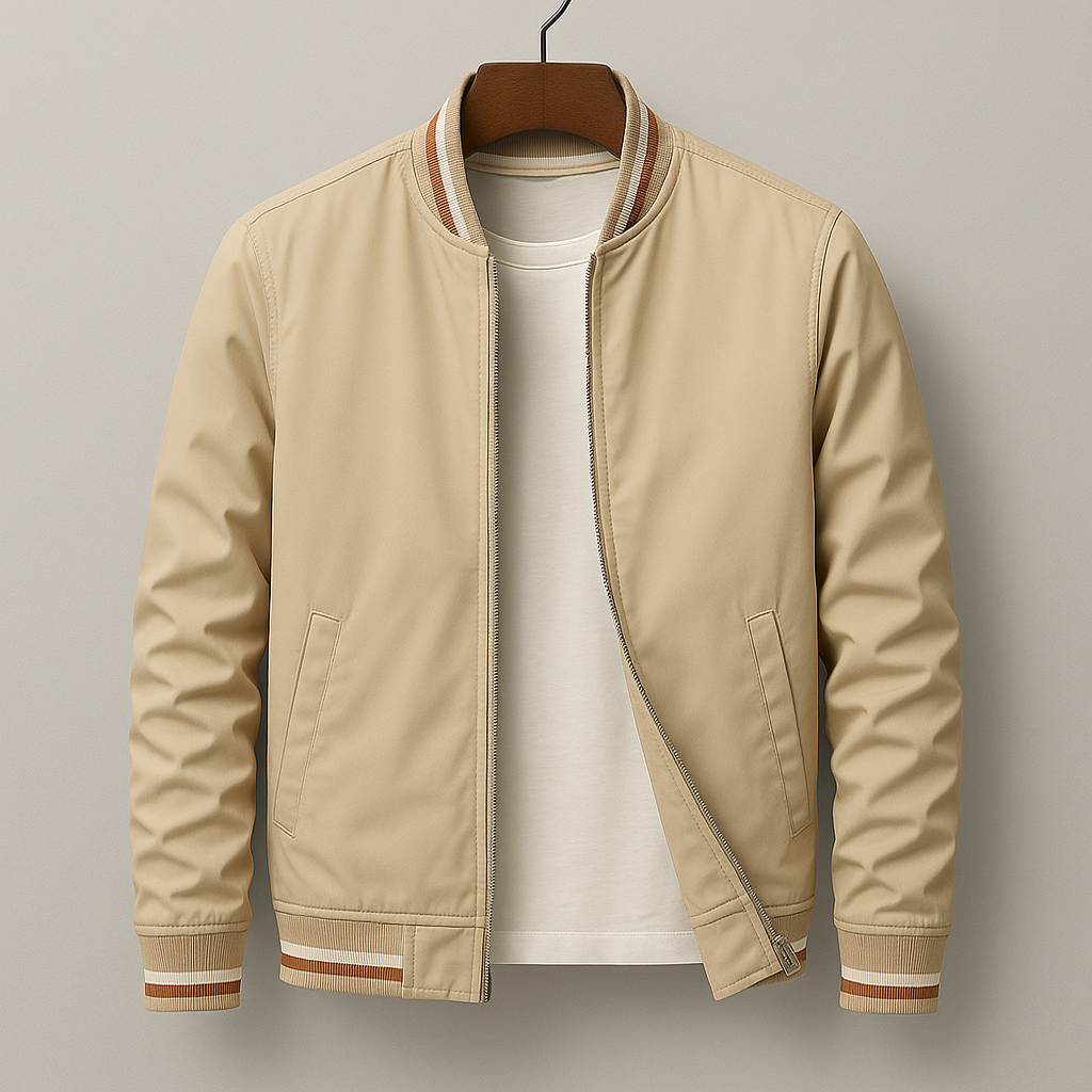 Men's olive military field jacket lightweight water-resistant cotton blend with ribbed varsity stripe cuffs