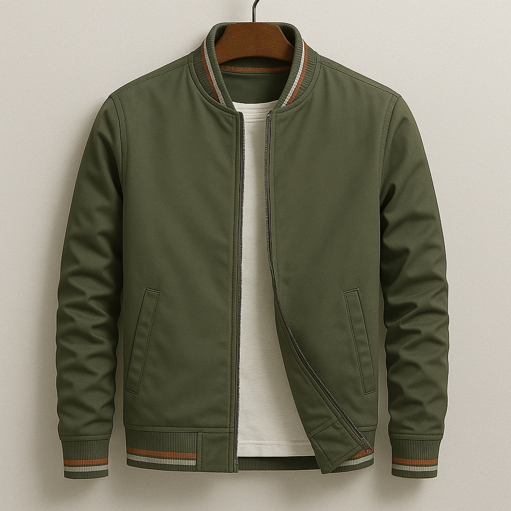 Men's olive military field jacket lightweight water-resistant cotton blend with ribbed varsity stripe cuffs