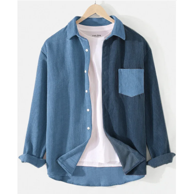 Men's two-tone color block corduroy button-up shirt relaxed fit with soft textured fabric