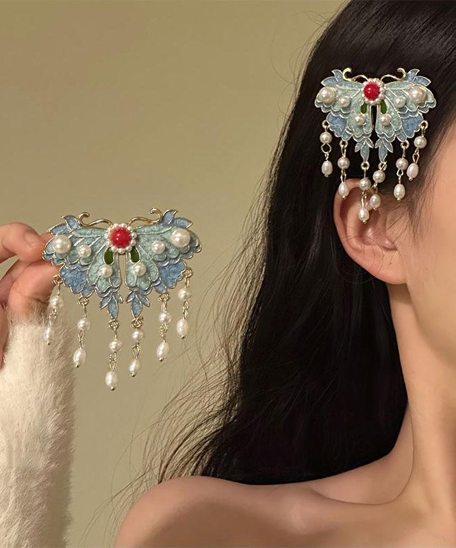 Épingle à cheveux papillon en alliage bleu rétro avec perles émaillées - Urbann-Vibe