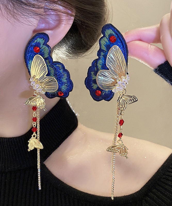 Boucles d'oreilles pendantes rétro en argent sterling bleu, alliage de zircon, tissu brodé de papillons et pompons - Urbann-Vibe