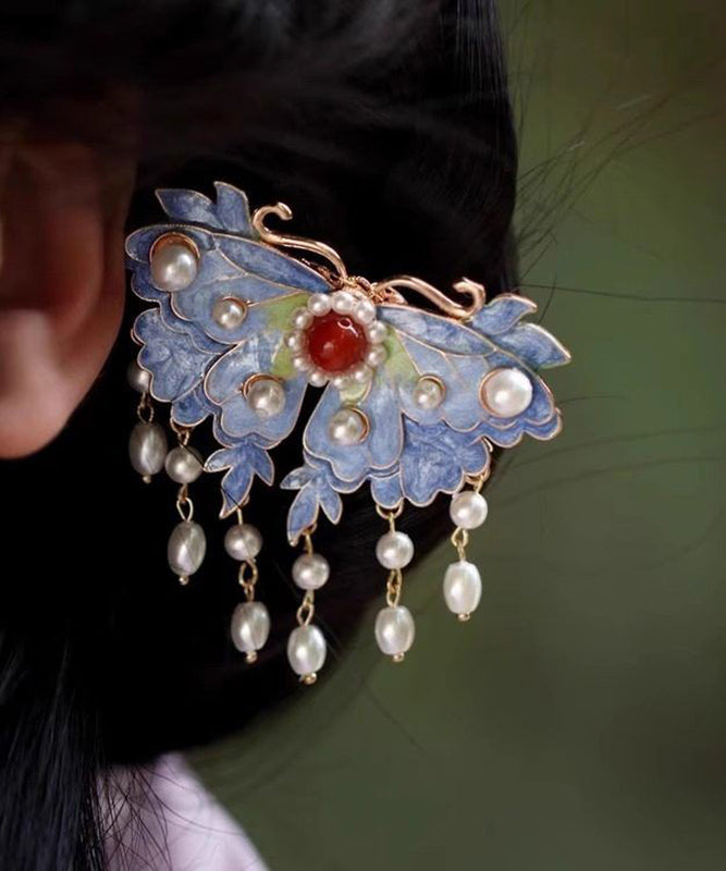 Épingle à cheveux rétro en argent sterling avec perles bleues et pompon en forme de papillon - Urbann-Vibe
