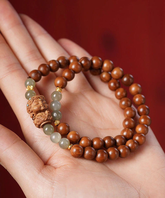 Bracelet rétro en perles de bois de santal et jade marron surdoré - Urbann-Vibe