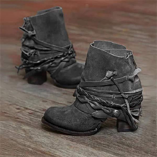 Women's retro cowboy ankle boots high heel round toe cloth upper durable rubber sole