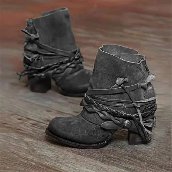 Women's retro cowboy ankle boots high heel round toe cloth upper Western vintage style