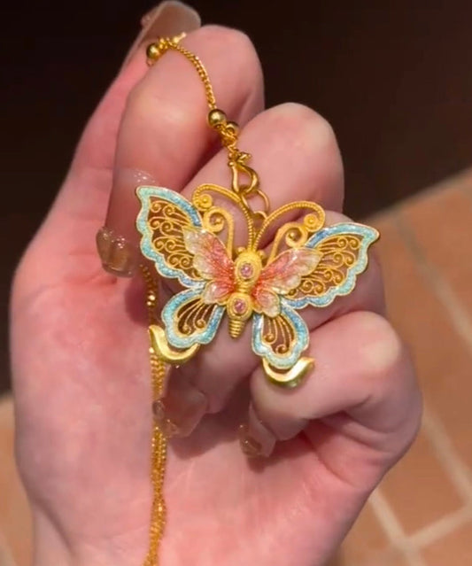Collier pendentif papillon en émail doré rétro ancien - Urbann-Vibe