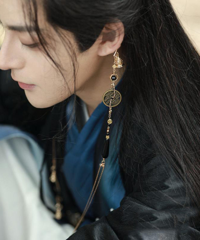 Boucles d'oreilles pendantes rétro en perles de verre et cuivre doré, pièces de cuivre et pompons - Urbann-Vibe