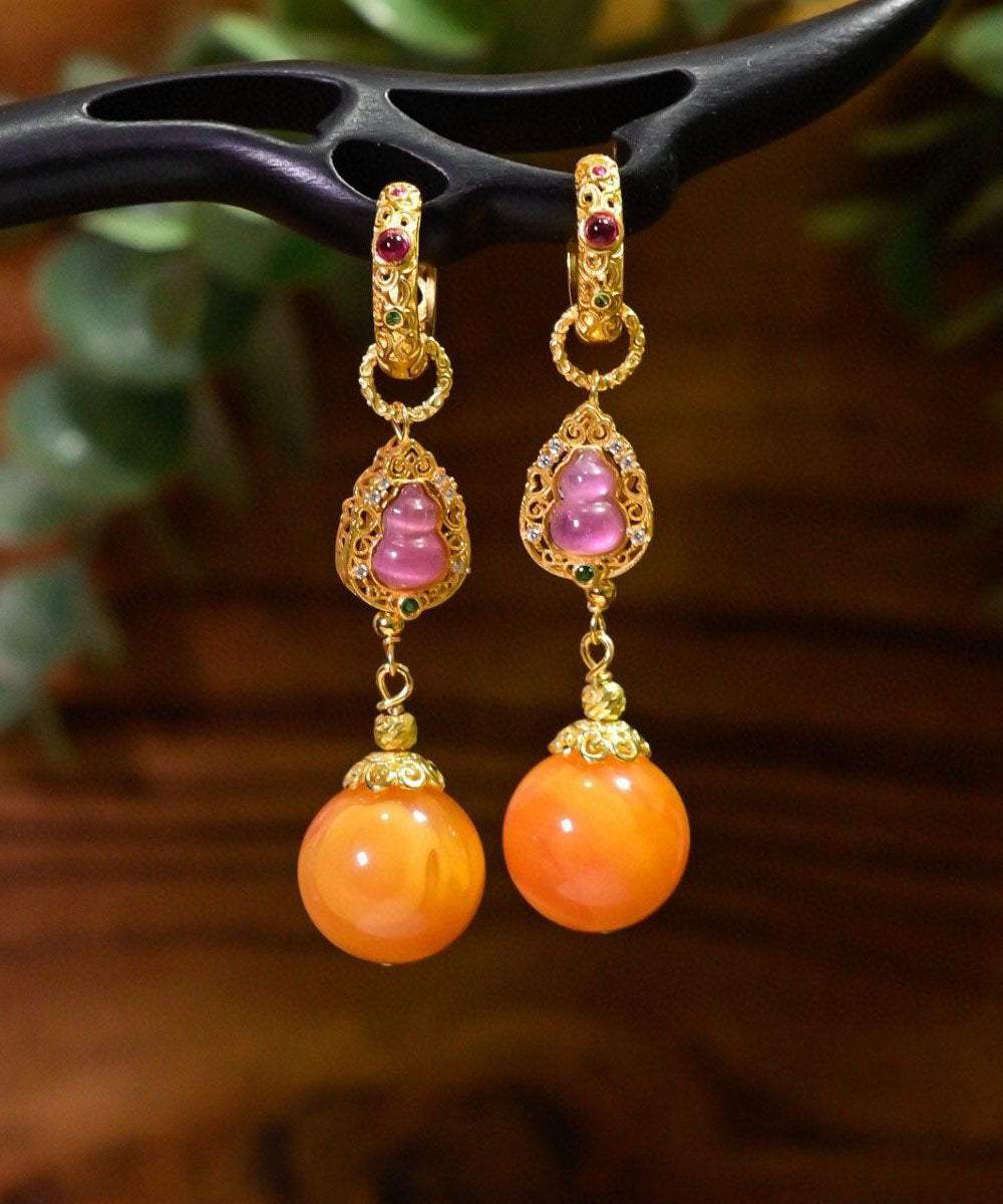 Boucles d'oreilles pendantes rétro en argent sterling doré et cire d'abeille, en forme de calebasse - Urbann-Vibe
