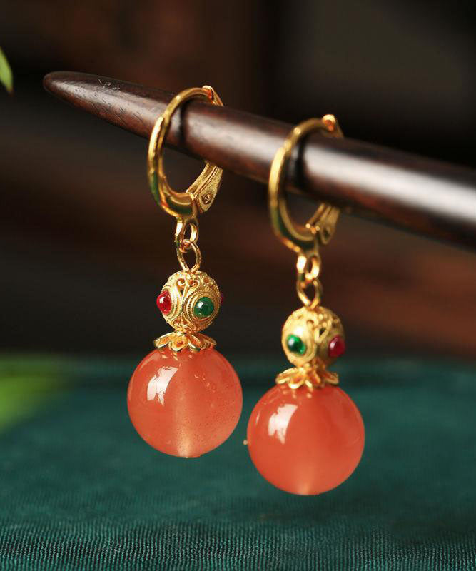Boucles d'oreilles pendantes rétro en argent sterling doré, zircon et agate, forme calebasse - Urbann-Vibe