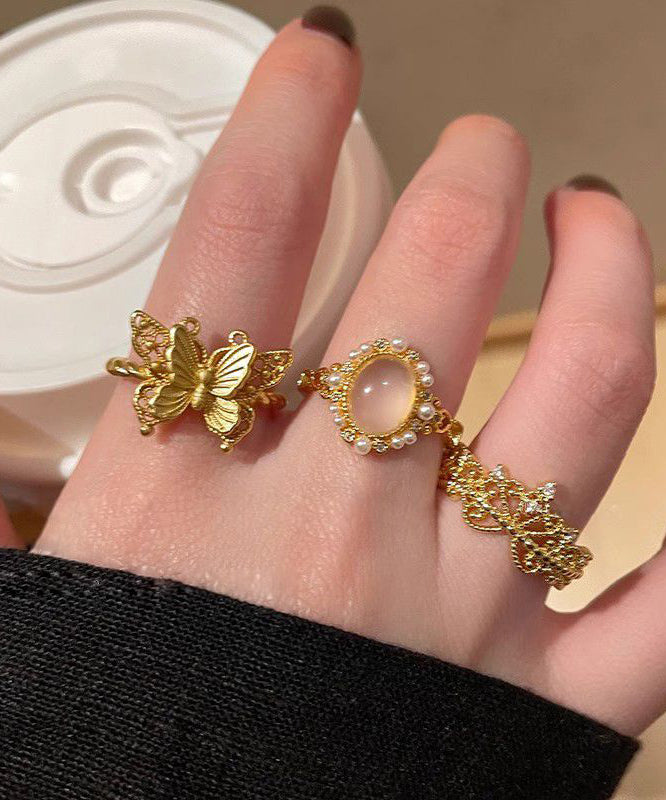 Ensemble de trois bagues rétro en argent sterling doré avec zircons ajourés en forme de papillon - Urbann-Vibe