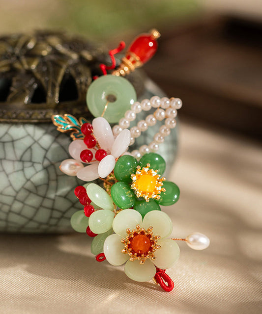 Épingle à cheveux rétro multicolore en alliage de jade et perles à pompon floral - Urbann-Vibe