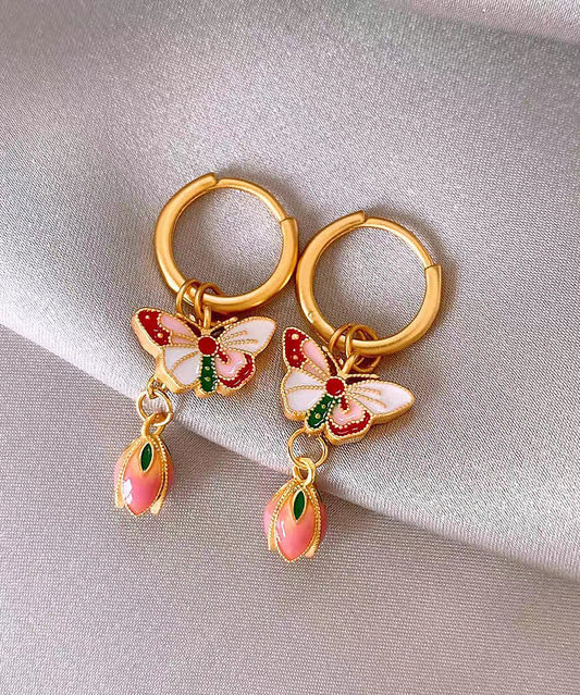 Boucles d'oreilles à tige rétro en alliage de cuivre et émail, motif papillon et fleurs arc-en-ciel - Urbann-Vibe