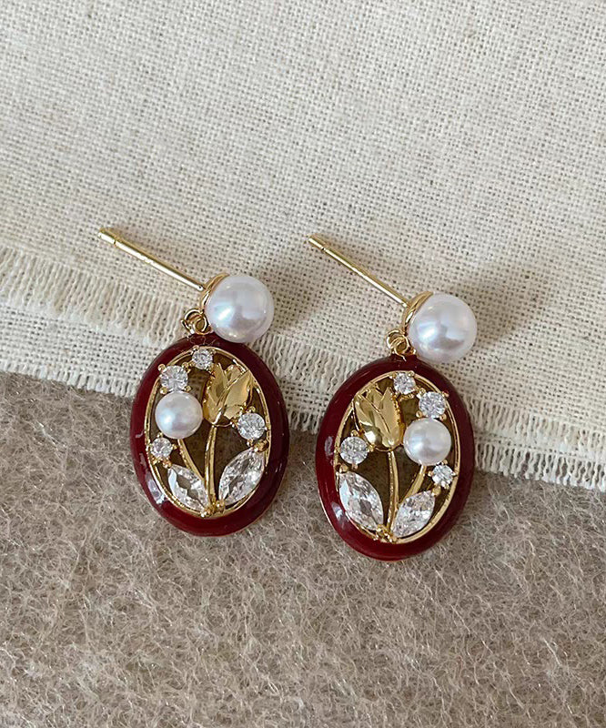 Boucles d'oreilles créoles tulipes rétro en alliage d'argent sterling rouge et zircon - Urbann-Vibe