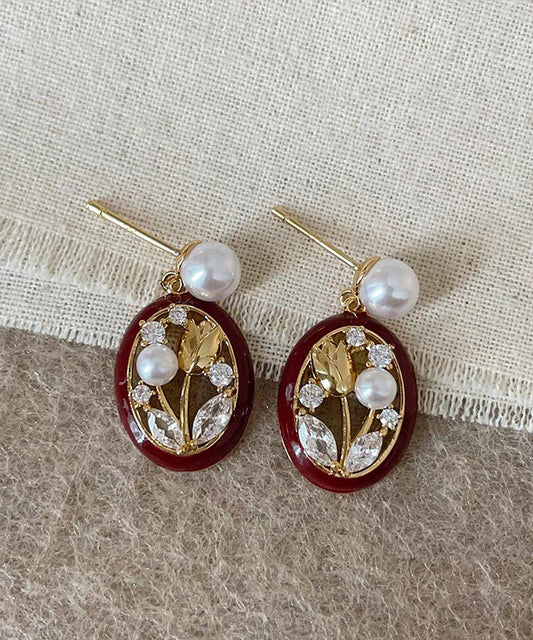 Boucles d'oreilles créoles tulipes rétro en alliage d'argent sterling rouge et zircon - Urbann-Vibe