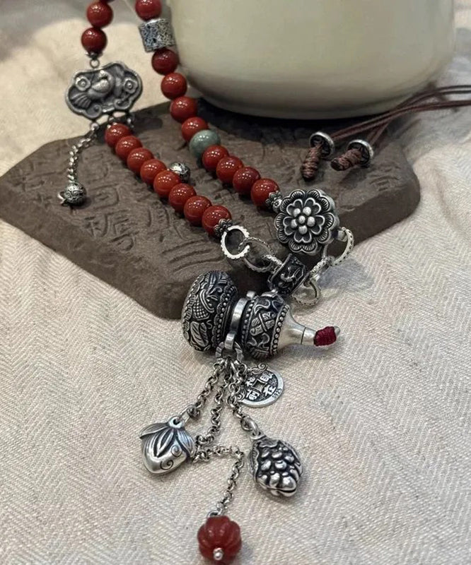 Collier rétro en argent sterling rouge avec pendentif à pampilles et cadenas Calabash Ruyi - Urbann-Vibe