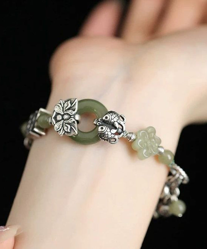 Bracelet à breloques rétro en argent sterling et soie, jade et fleur de lotus - Urbann-Vibe
